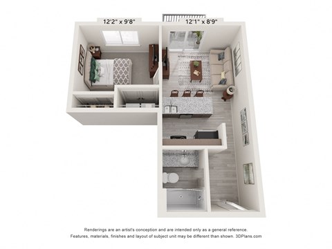 Floor plan for 1 bed, 1 bath, 493 sqft